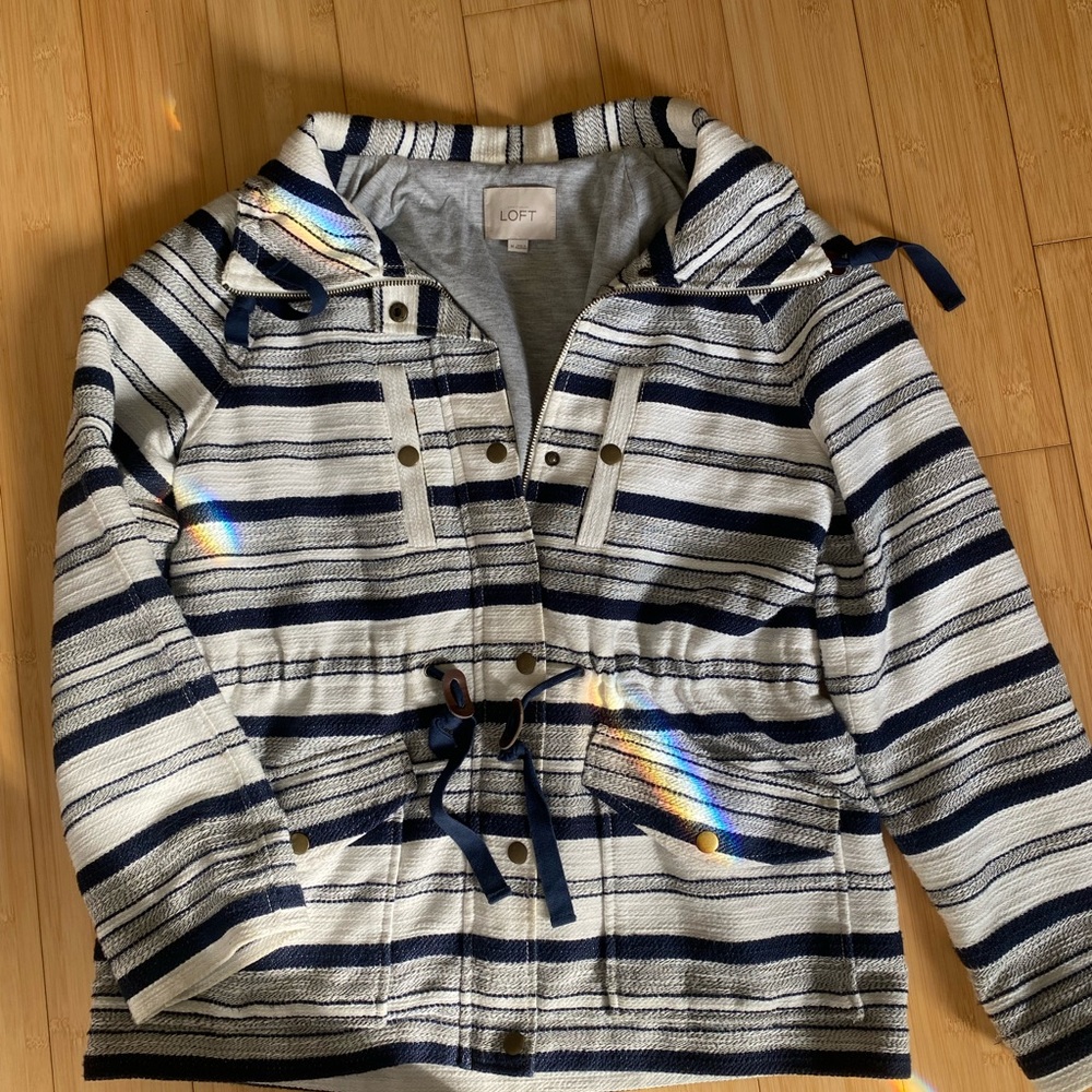 LOFT Blue and White Raincoat with Sporty Stripes and Zip Closure